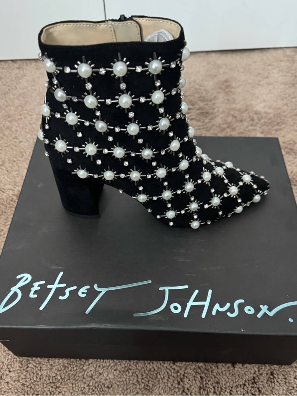 Betsey Johnson Black Pearl-Embellished Suede Ankle Booties